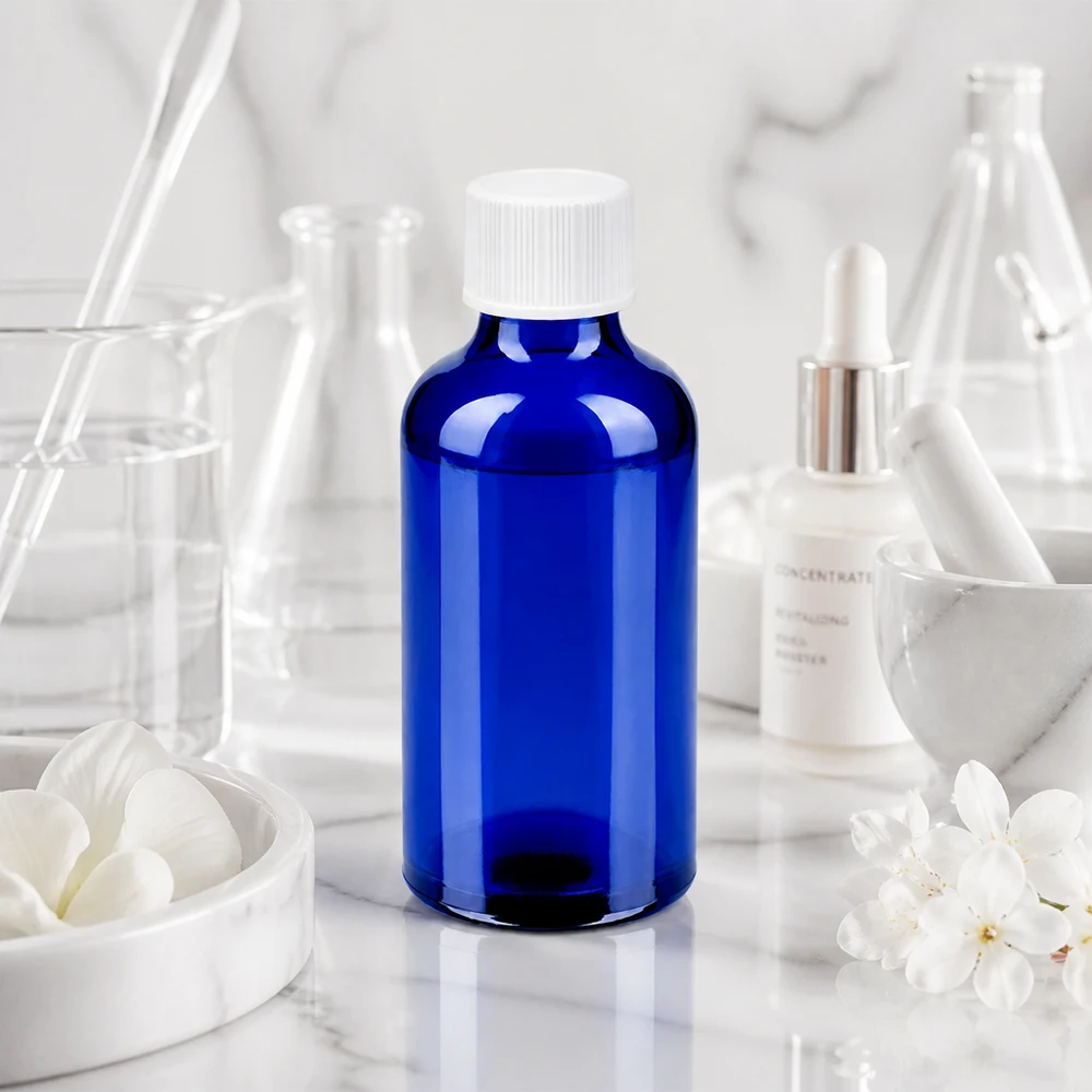 Kompakt 50 ml laboratorieflaske i elegant koboltblå med praktisk hvid hætte