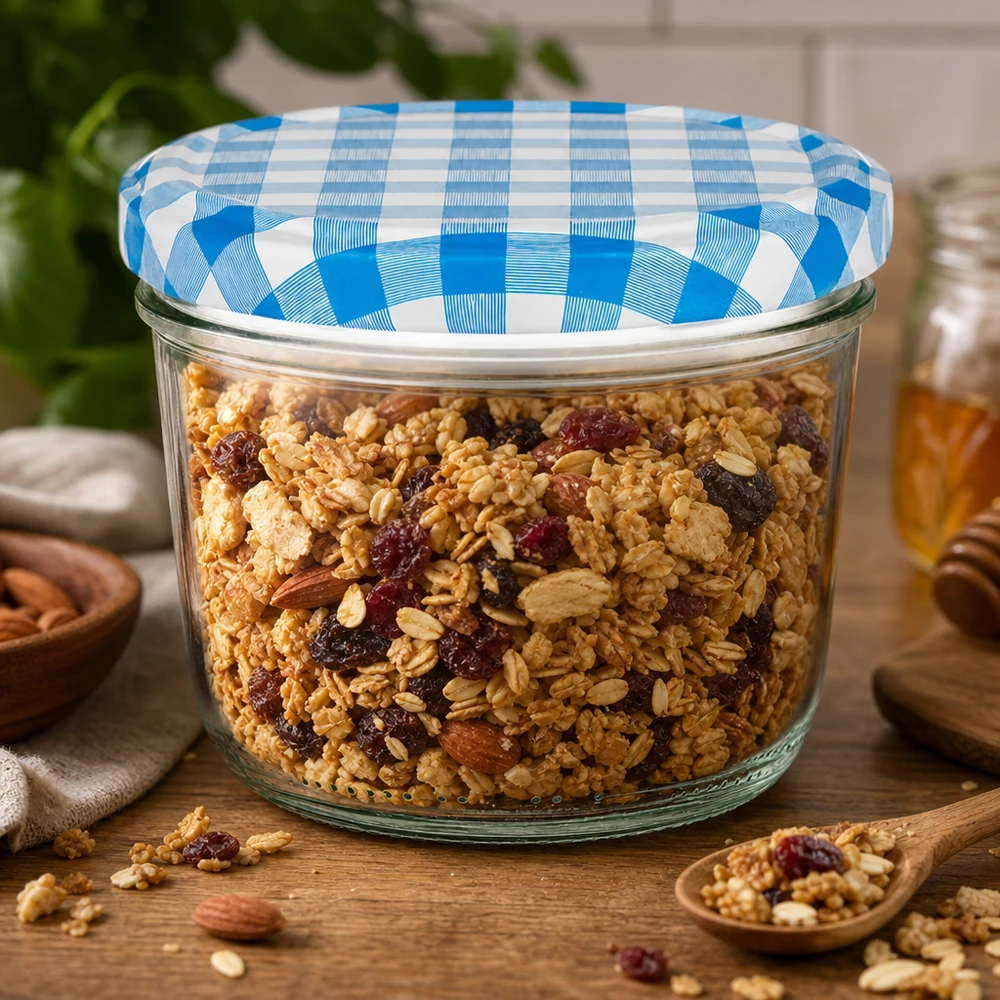 230 ml Briller + BasicSeal-låg blå/hvid UNiTWIST 230 ml glas med BasicSeal-låg blå og hvid ternet fyldt med müsli og nødder som opbevaringsglas