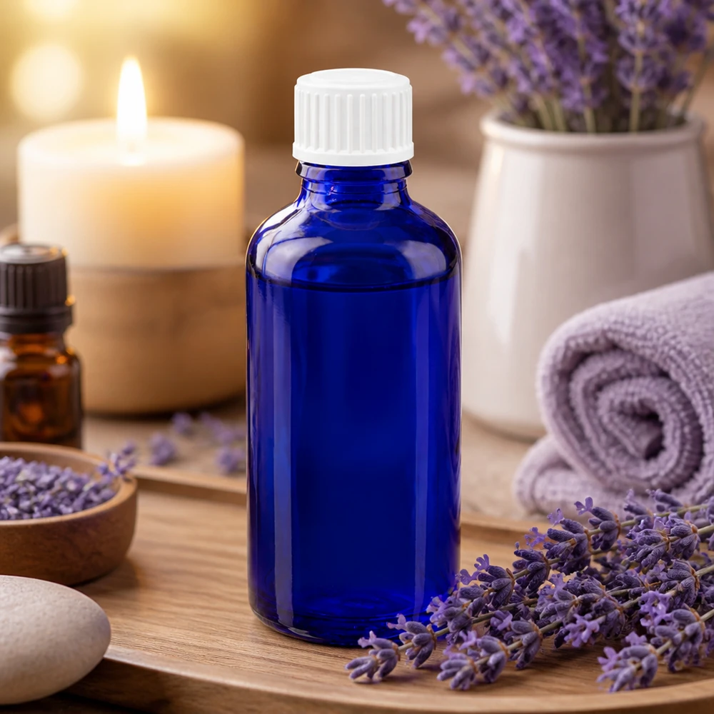 Blå glasflaske på 50 ml med hvidt dråbehoved, omgivet af lavendelblomster og stearinlys