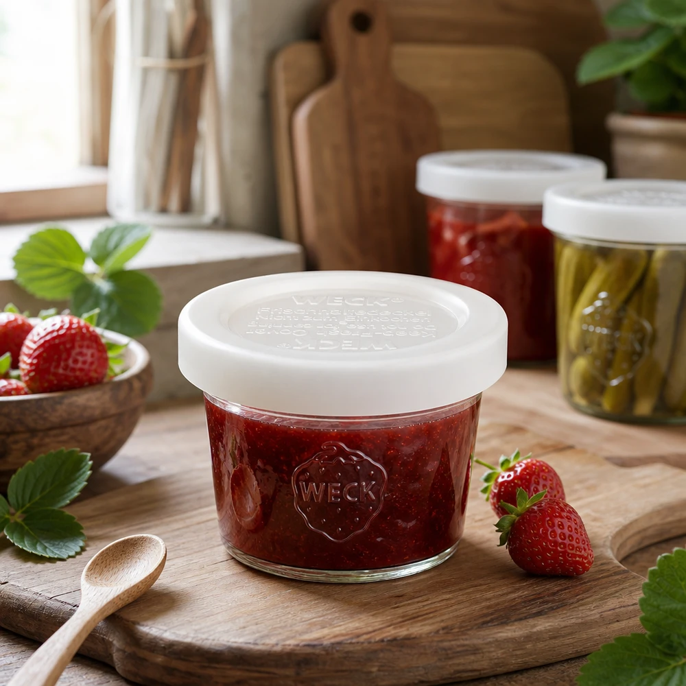 35 ml Briller med friskhedslåg WECK RR40 WECK 35 ml RR40-krukke fyldt med jordbærmarmelade på træplade, eksempel på anvendelse af små konserveringsglas