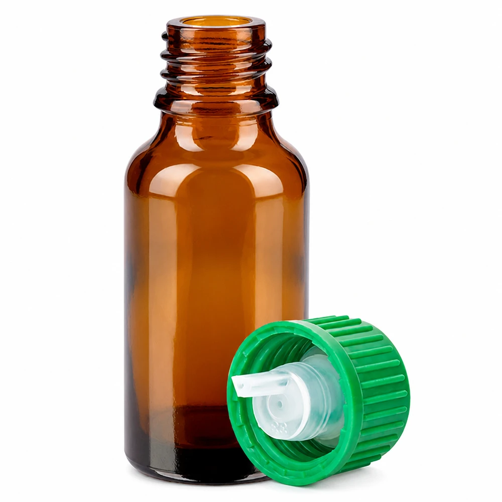 20 ml Dropperflaske 0,8 mm grøn STD BrownLine UT18/20 Brun glasflaske 20 ml med grøn dråbehætte 0,8 mm åbning til æteriske olier