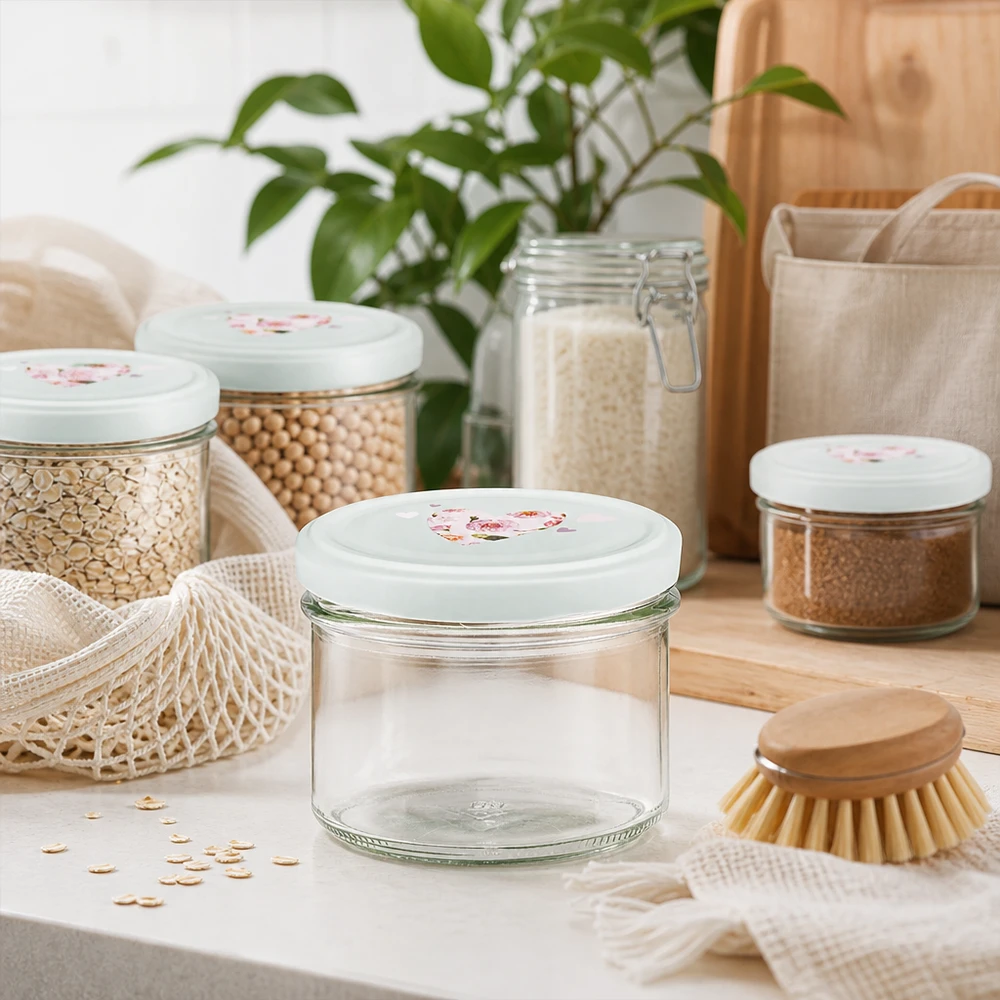 225 ml skålglas + BasicSeal låg hjerte mint UNiTWIST 225 ml glas med mint BasicSeal hjerteformet låg i bæredygtigt nul-affaldskøkken med opbevaringsglas og jutepose