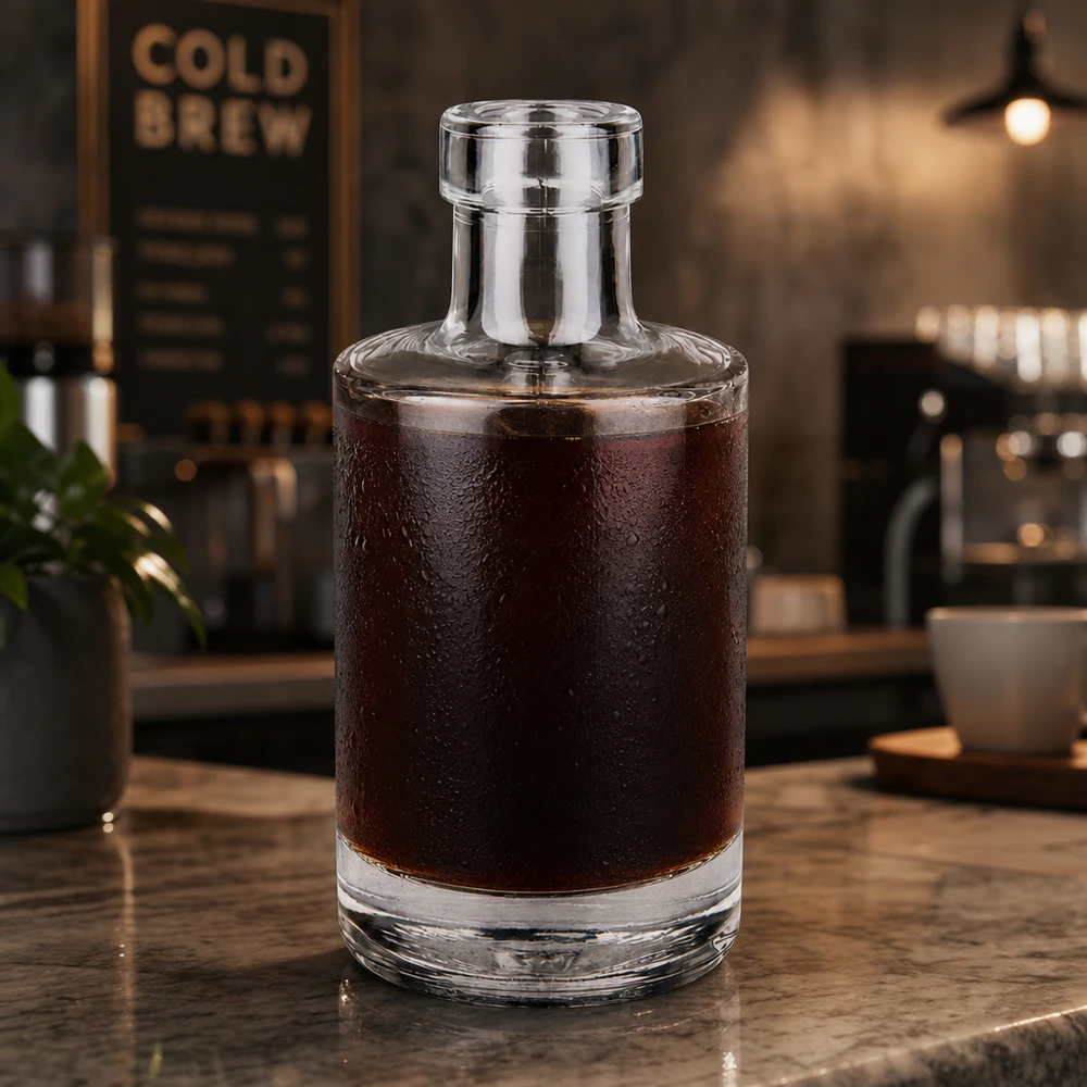 200 ml glasflaske »Marie« uden lukning UNiTWIST® 200 ml glasflaske Marie fyldt med koldbrygget kaffe i en moderne caféatmosfære Anvendelseseksempel kaffebar