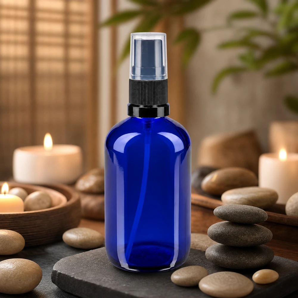 Apotekerflaske blå 100 ml spraytilbehør sort Blå 100 ml sprayflaske af apotekerglas med sort forstøver i Zen Spa-stemning med stearinlys
