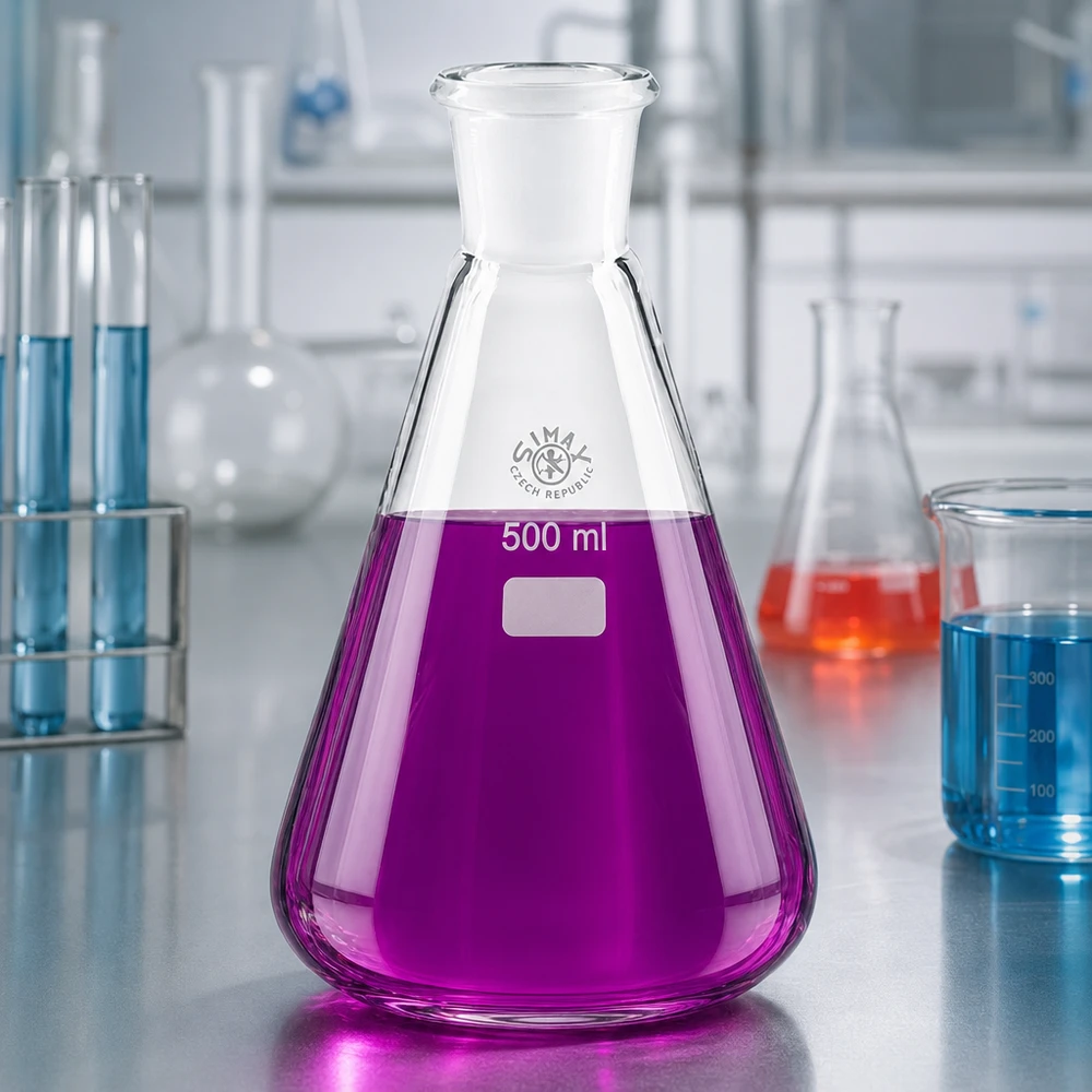Erlenmeyer-kolbe 500 ml med standard slebet led (29/32) Violet væske i 500 ml Erlenmeyer-kolbe med standard slebet fuge 29/32 i laboratoriet