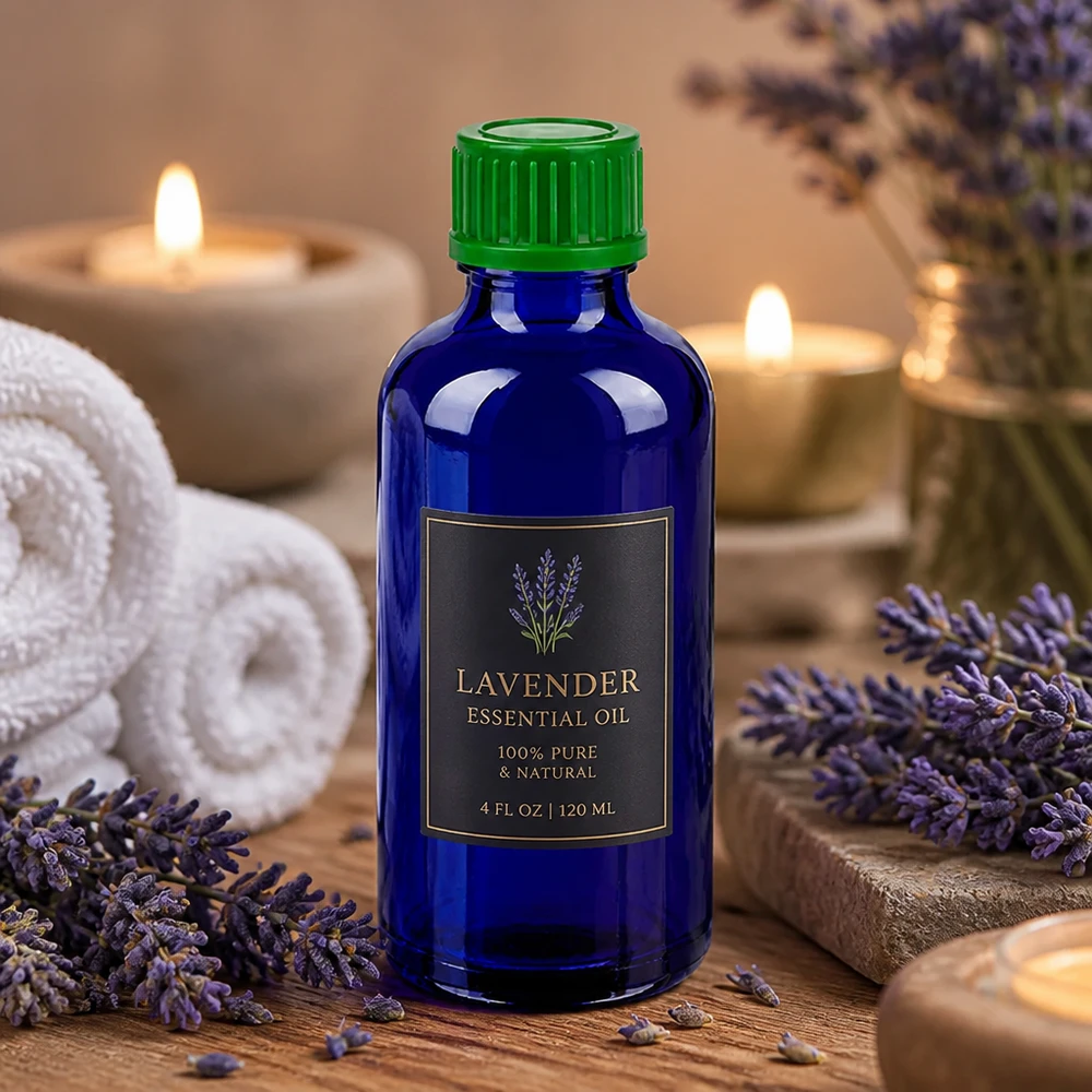 50 ml flaske 11 mm SV grøn STD BlueLine UT18/50 Kompakt 50 ml glasflaske med grøn hætte, ideel til aromaterapi og wellness.