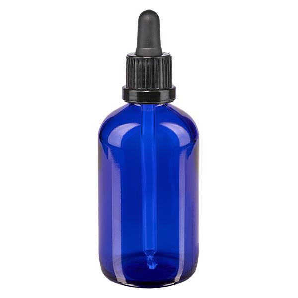 Apoteksflaske blå 100 ml pipette sort OV Apoteksflaske blå 100 ml pipette sort OV
