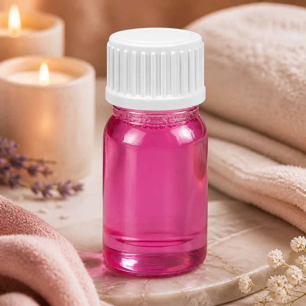 5 ml (kugle) flaske 3 mm hældering hvid standard PurpleLine UT18/5 Kompakt 5 ml glasflaske i pink med hvid UT18/5-gevind til professionel kosmetikemballage