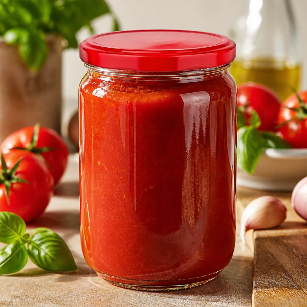 555 ml UNiTWIST-glas med rødt BasicSeal-låg, fyldt med hjemmelavet tomatsauce
