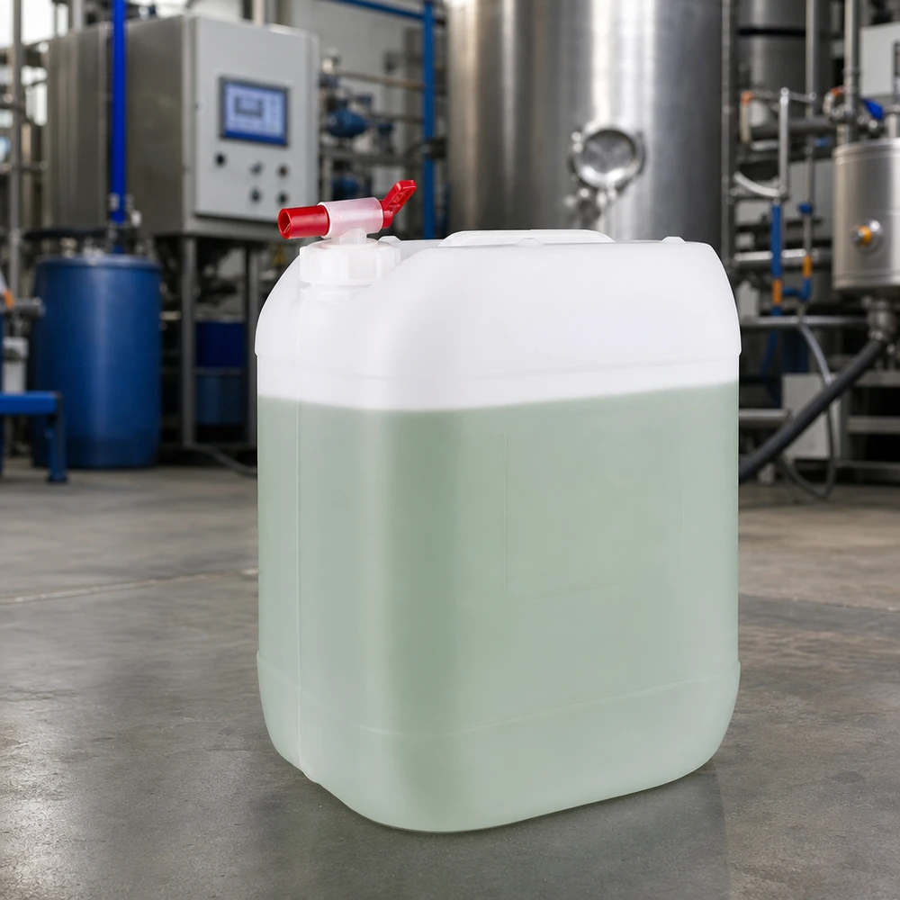 Beholder 20 liter med aftapningshane Gennemsigtig industrikanister på 20 liter med grøn væske og rødt udløbshan