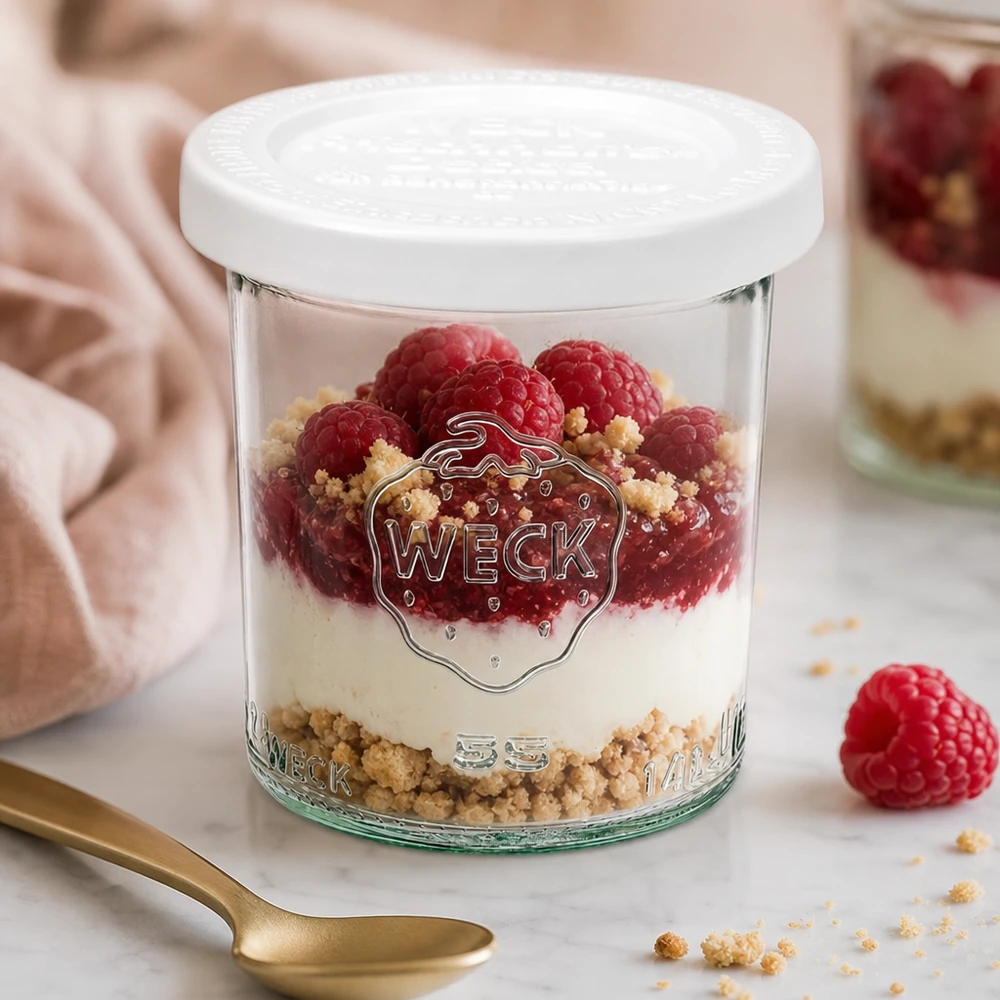 140 ml krukke med friskhedslåg WECK RR60 WECK 140 ml RR60-bægre fyldt med hindbær og mascarponedessert - elegant præsentation af søde desserter
