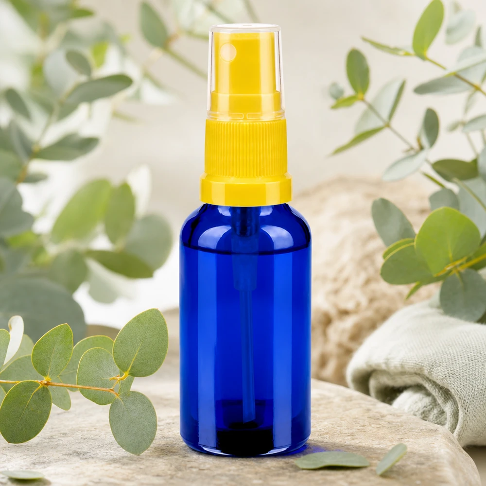 30 ml sprayflaske gul/tr. STD BlueLine UT18/30 Tom 30 ml glasflaske med gul spraytilbehør, ideel til selvpåfyldning af naturkosmetik