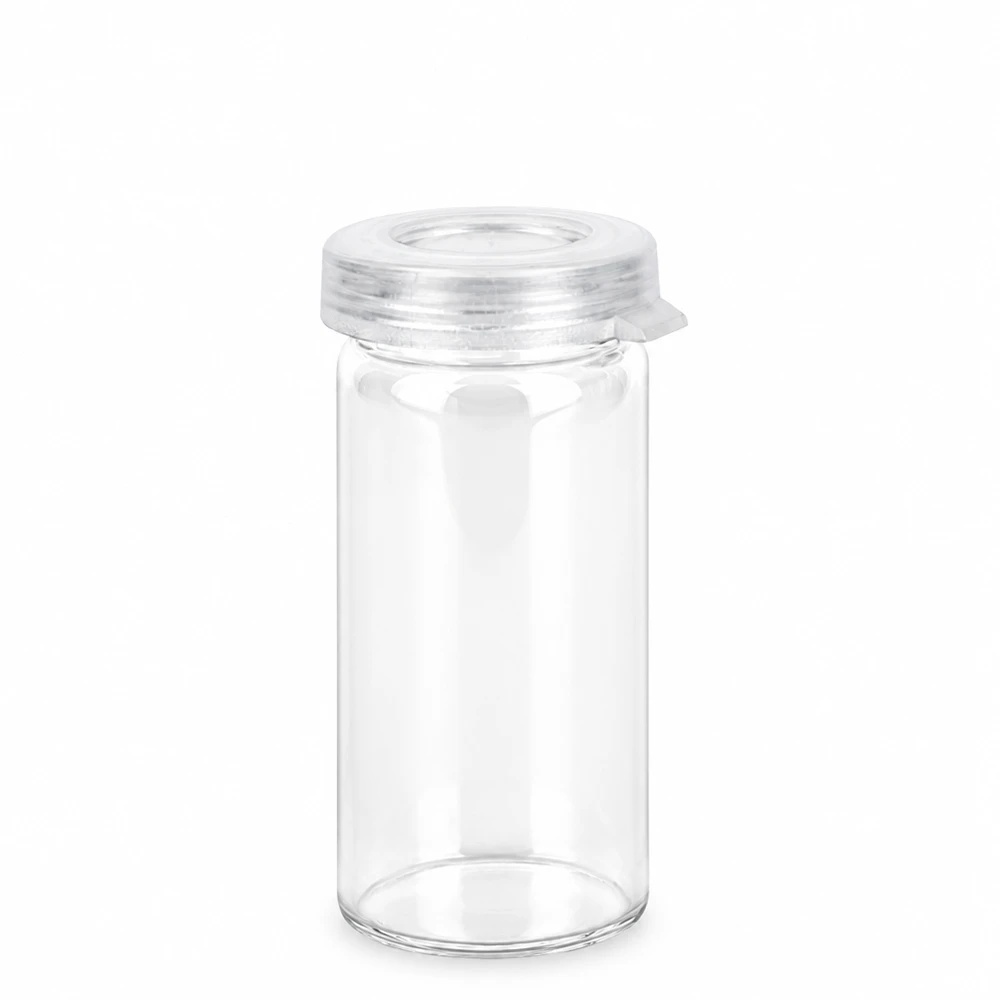 Lille, klar glasbeholder med rullet kant, 5 ml, med gennemsigtigt kliklåg til tabletter