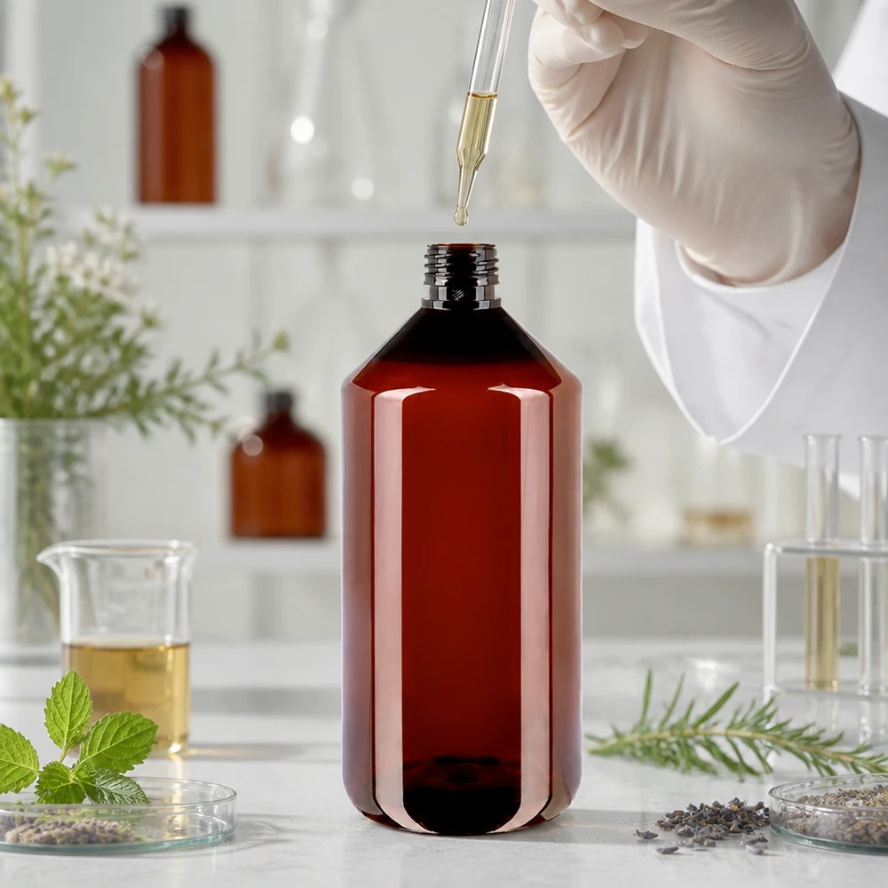 Laboratorieflaske, 1000 ml, ravfarvet PET med PP28-gevind til æteriske olier og naturkosmetik