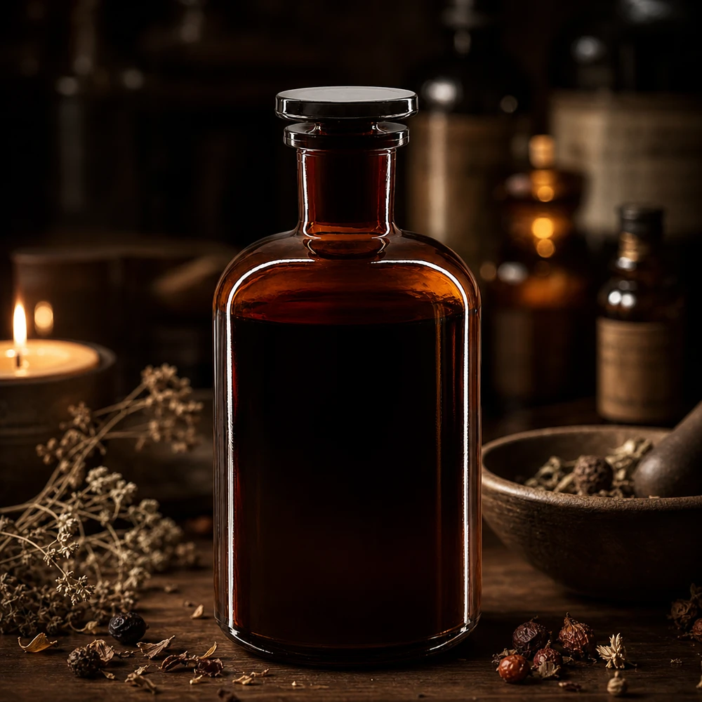Rund skulderflaske 500 ml brun glasprop med smal hals Flaske med afrundede skuldre, 500 ml, brunt glas, smal hals med glasprop til urteekstrakter og tinkturer