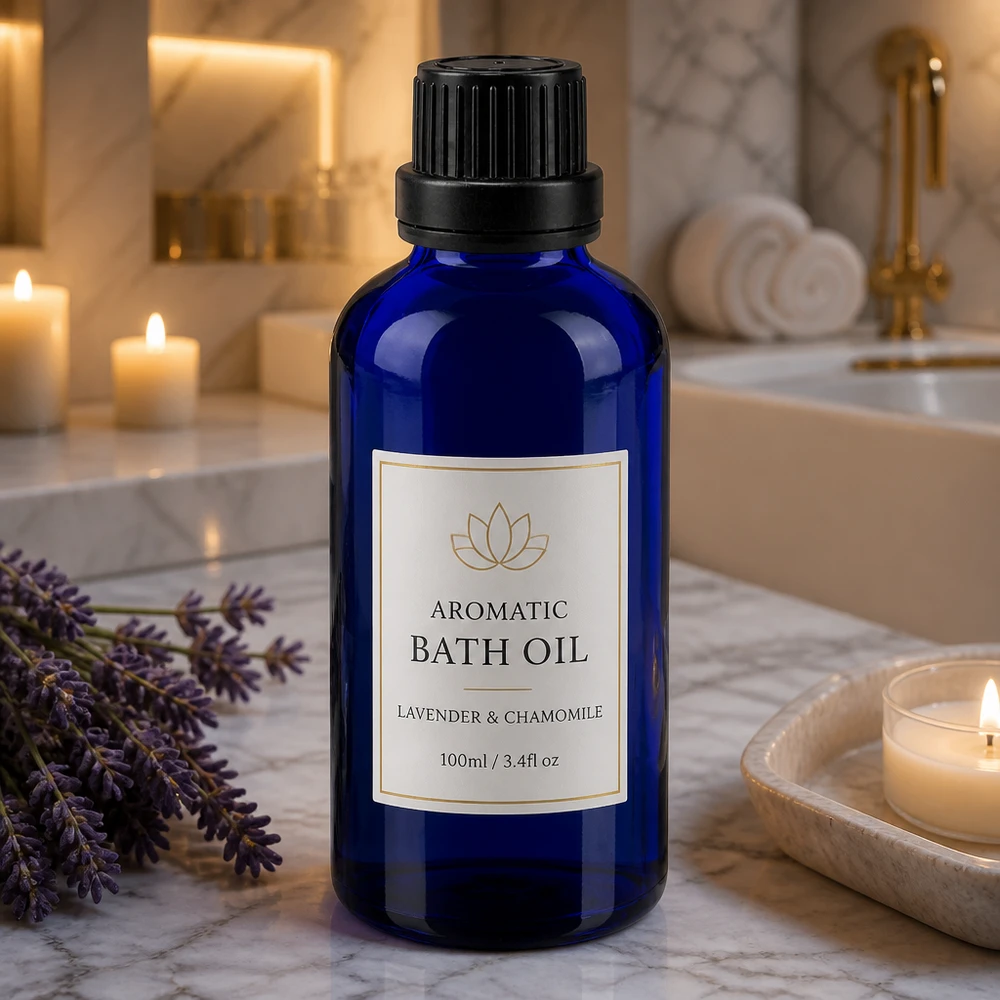 Apoteksflaske blå 50 ml skruelåg sort tæt OV Blå 50 ml glasflaske med etiket med badolie på marmor ved siden af frisk lavendel og stearinlys