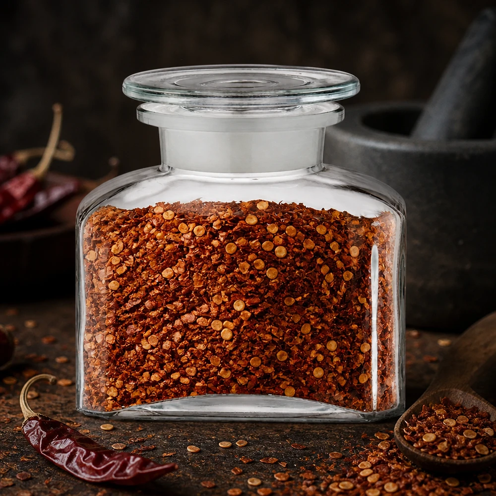 Idé til krydderiglas: Firkantet apotekerflaske 150 ml med bred hals Gennemsigtig apotekerflaske på 150 ml med chiliflager og glasprop på et rustikt træbord