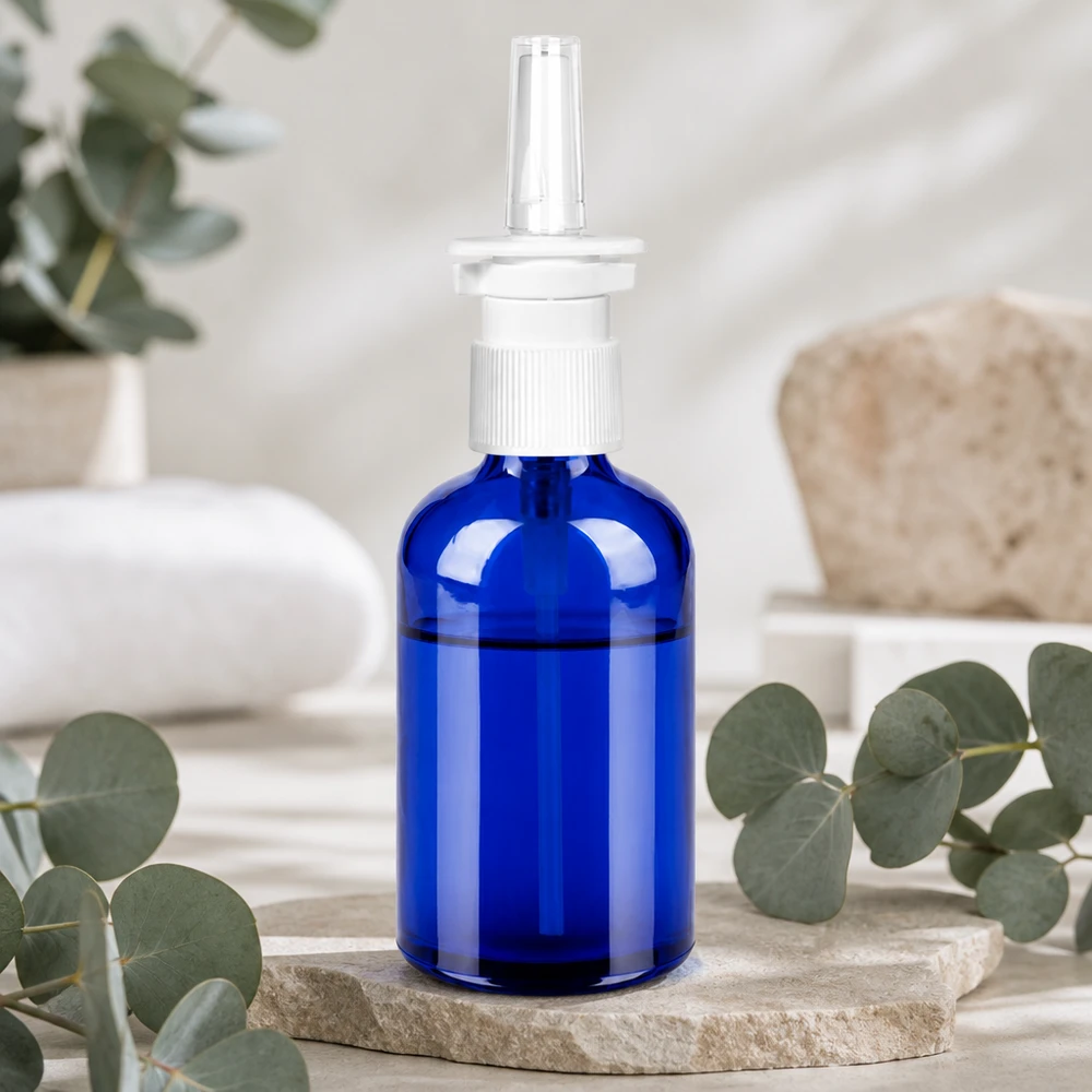 100 ml næsesprayflaske m./tr. STD BlueLine UT18/100 100 ml sprayflaske i dyb blå farve med hvid pumpesprøjte til farmaceutiske produkter