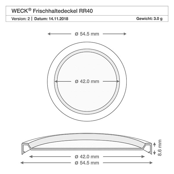 35 ml Briller med friskhedslåg WECK RR40 WECK RR40 låg til friske fødevarer teknisk tegning med mål 54,5 mm ydre diameter 42 mm indre diameter 8,6 mm højde