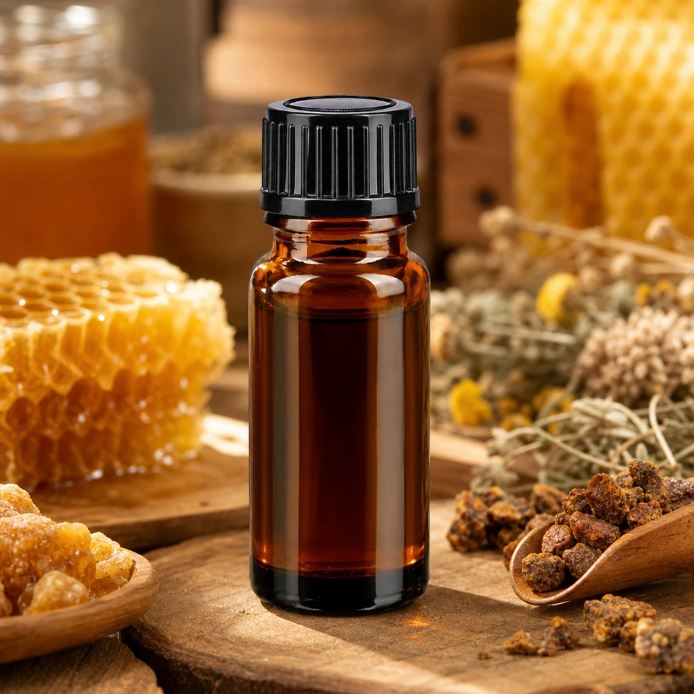 Apoteksflaske brun 10ml skruelåg sort pc Brun 10 ml apotekerflaske med sort skruelåg mellem honningkager og propolis
