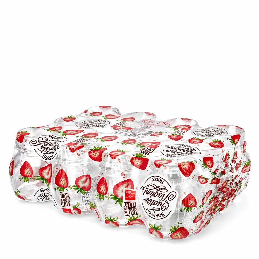 150 ml husholdningsglas "Quattro Stagioni" Pakke med 12 150 ml Quattro Stagioni-konservesglas med jordbærdesign og skruelåg til konservering