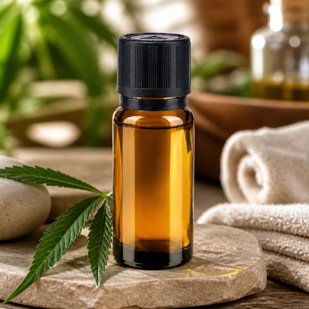10 ml dråbeflaske af apotekerglas med en 1 mm åbning ved siden af et cannabisblad og wellness-sten