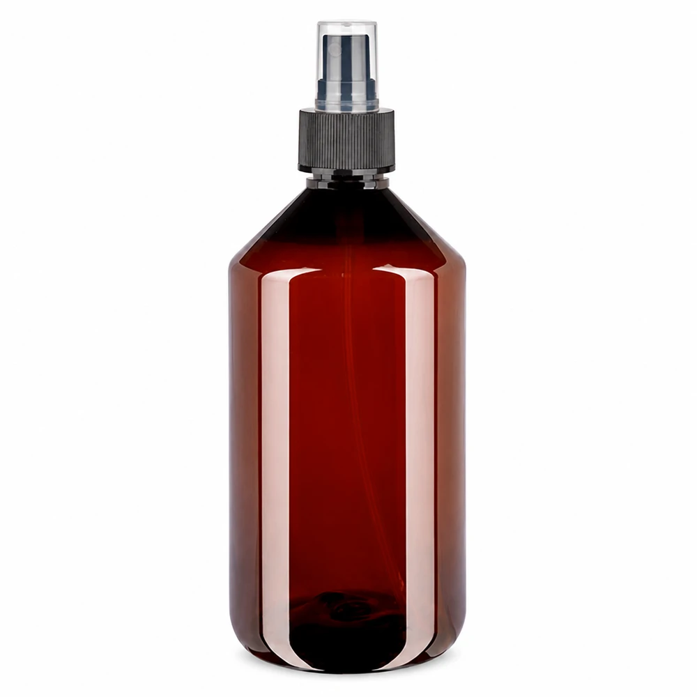 PET-flaske 750 ml med forstøver sort PET-flaske, 750 ml, brun med sort forstøver, tom, kan genopfyldes