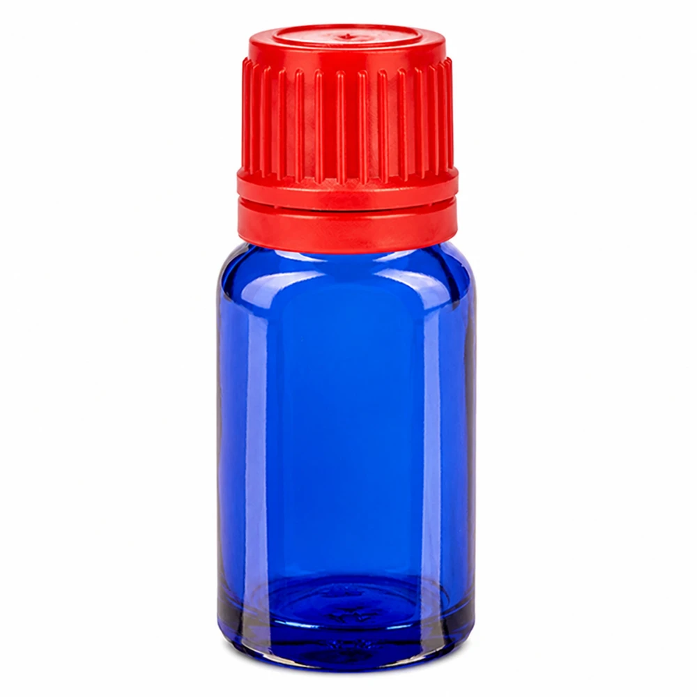 10 ml flaske 11 mm SV rød OV BlueLine UT18/10 10 ml blå glasflaske med rødt skruelåg 11 mm SV til æteriske olier og tinkturer