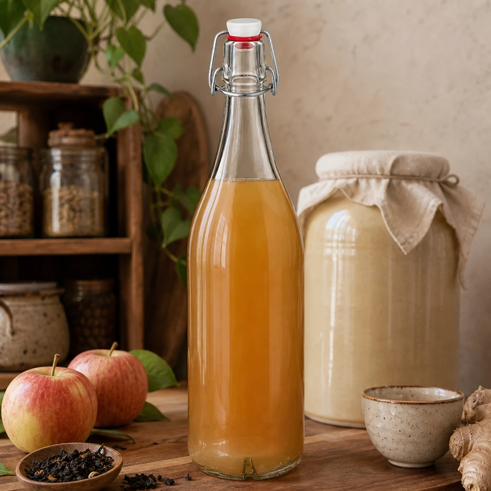 1000 ml glasflaske og hængelåg porcelæn UNiTWIST 1000 ml glasflaske med svingtop fyldt med æblejuice ved siden af friske æbler og kombucha i et rustikt køkken