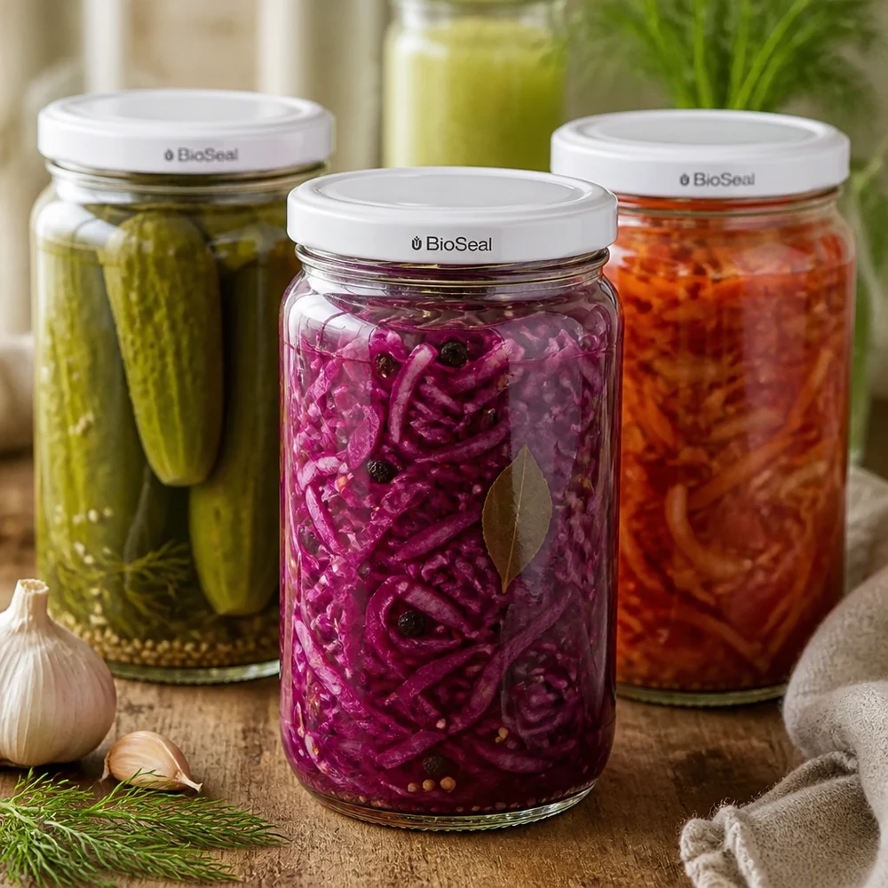UNiTWIST Runda305 med hvidt låg TO63 BioSeal UNiTWIST Runda305 Gläser mit weißem BioSeal Deckel gefüllt mit eingelegtem Gemüse - Gurken Rotkohl Karotten