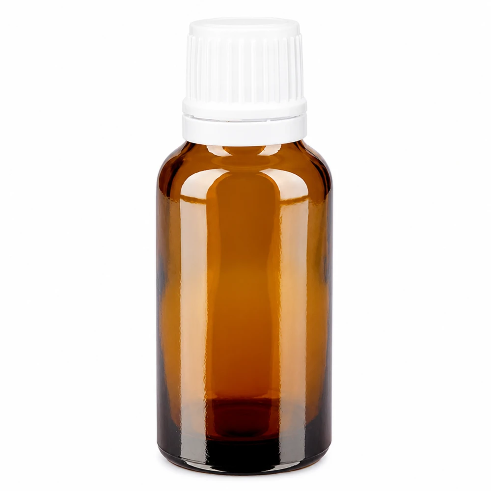 Apoteksflaske brun 20 ml skruelåg hvid OV 20 ml brun apotekerflaske med hvid skruelåg, fremstillet af brunt glas af høj kvalitet