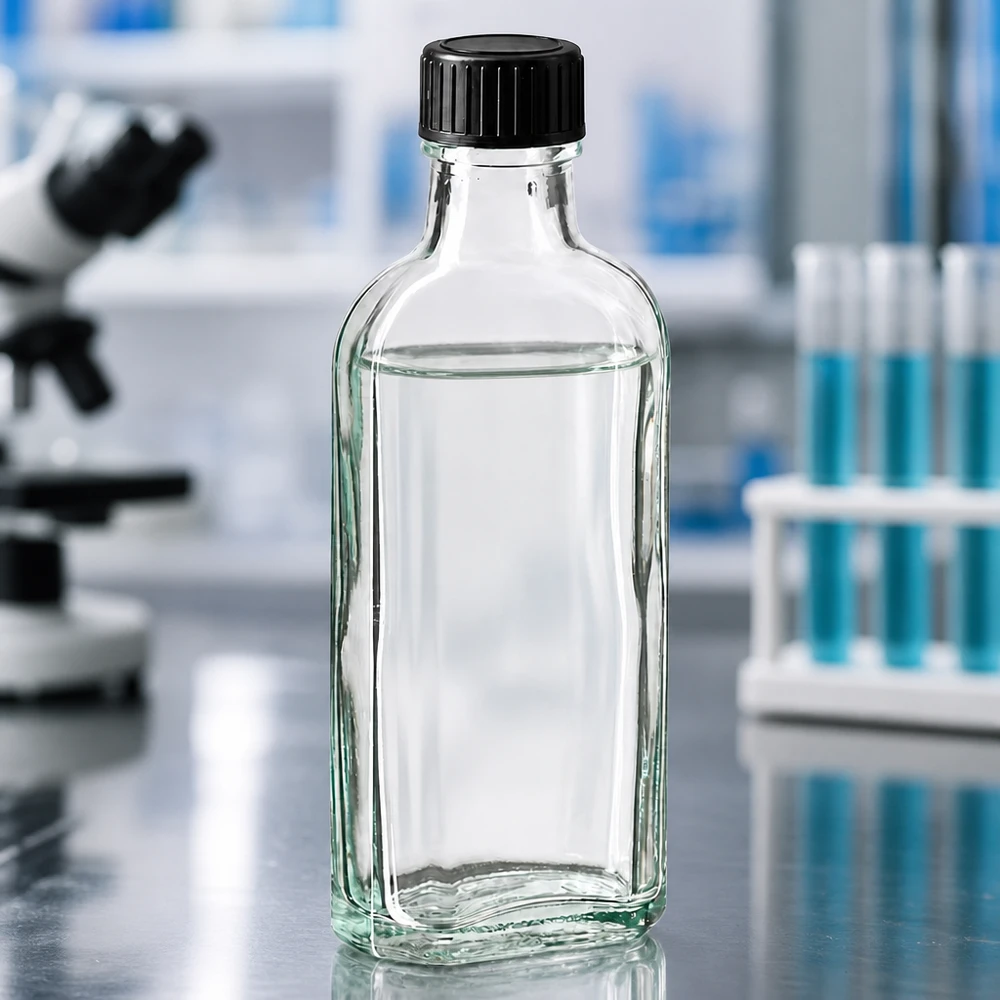 100 ml Meplat klar skruelåg med EPE-forseglingsskive En 100 ml Meplat-glasflaske med sort skruelåg foran et mikroskop og blå reagensglas i laboratoriet