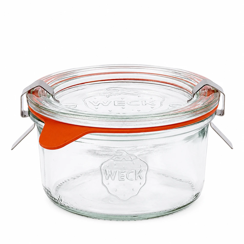 165 ml Briller komplet WECK RR80 165 ml WECK RR80 murerbalje med glaslåg og orange gummiring, konserveringskrukke med svingtop til konservering