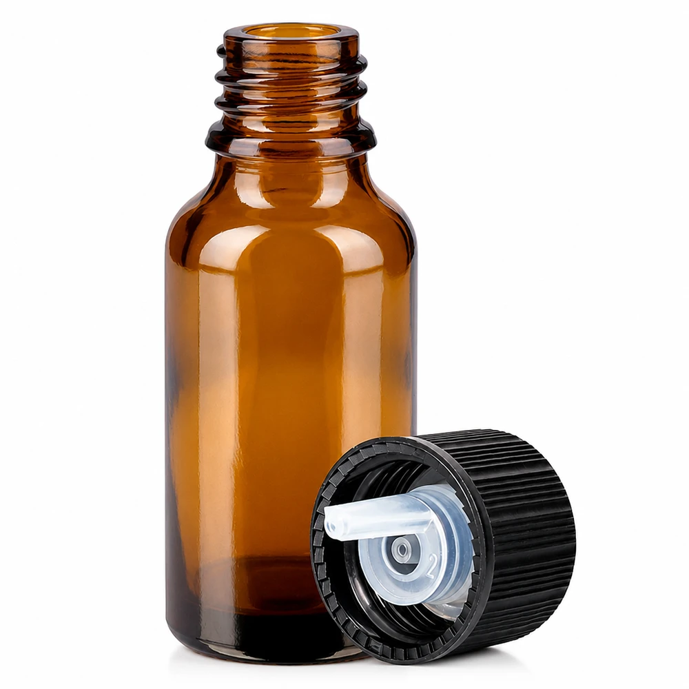 20 ml dråbeflaske 1 mm sort STD BrownLine UT18/20 20 ml dråbeflaske af ravfarvet glas med 1 mm dråbehætte til præcis dosering af væsker