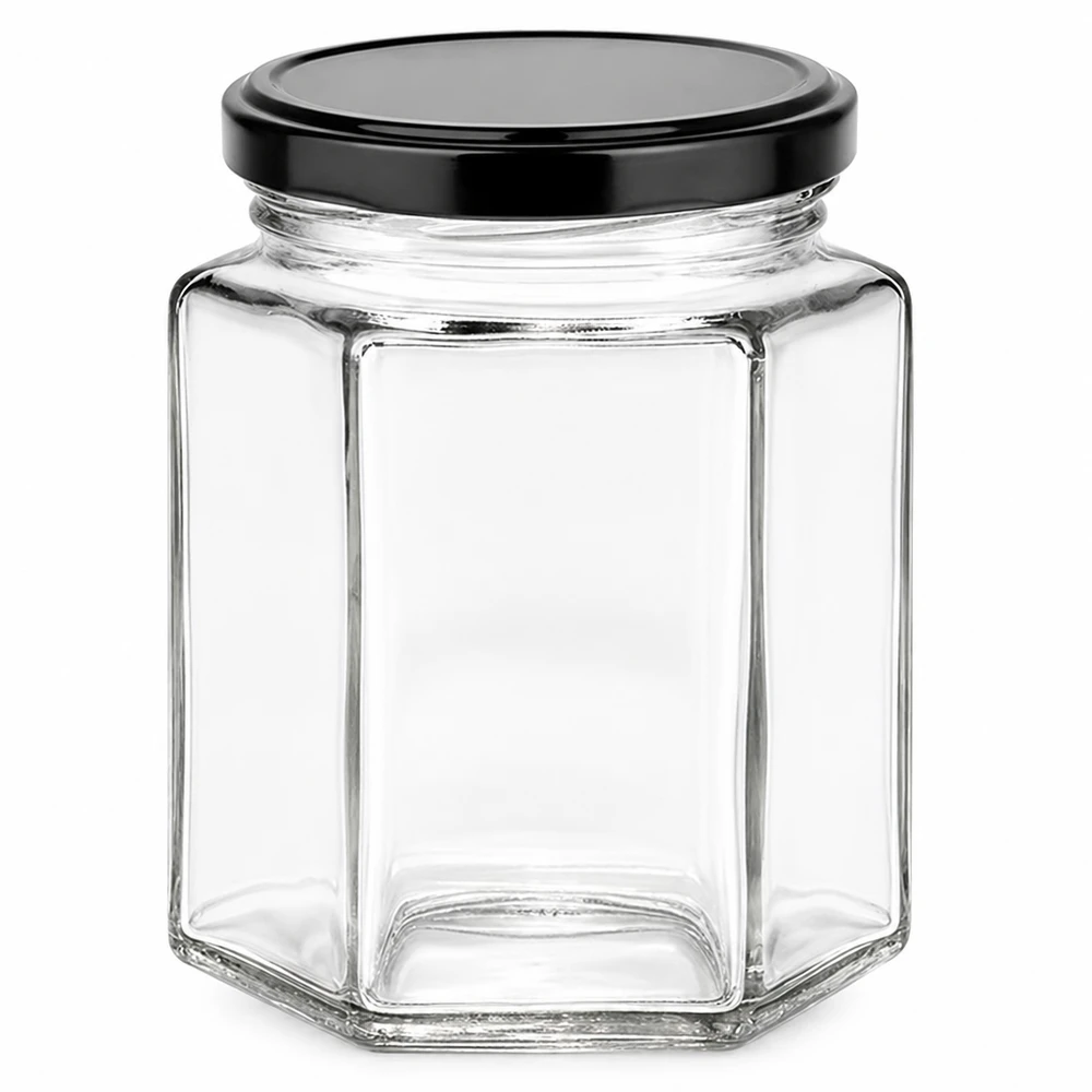 196 ml sekskantet syltetøjsglas med sort BasicSeal-låg - sekskantet syltetøjsglas af klart glas til konserves og smørepålæg