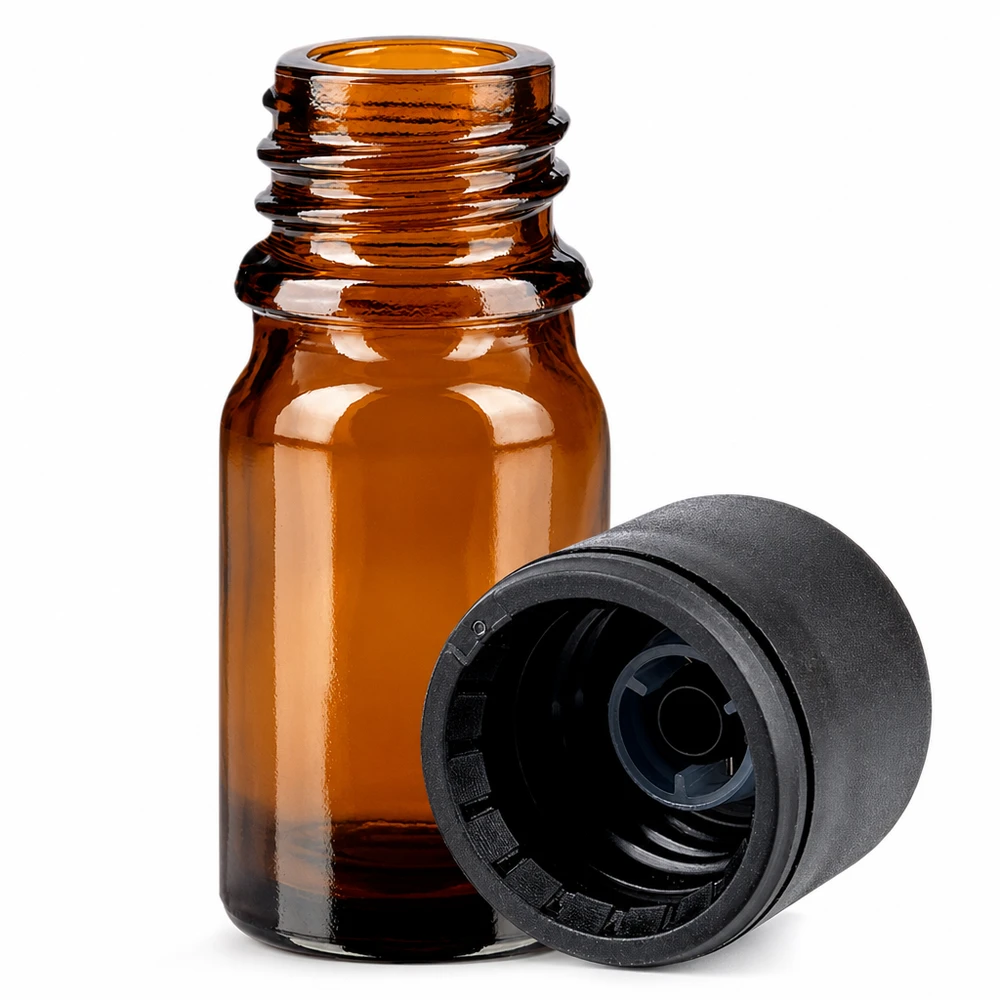 5 ml aromaterapiflaske af brunt glas med børnesikret hætte 6 mm åbning