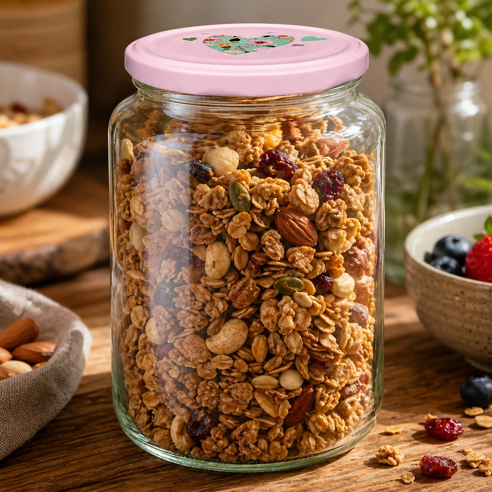 795 ml rund krukke + BasicSeal låg, lyserødt hjerte, UNiTWIST Rundglas 795ml mit rosa Herzdeckel gefüllt mit Müsli Nüssen und Trockenfrüchten als praktisches Vorratsglas für Küche