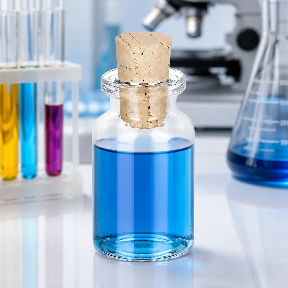 Klar glasflaske 10ml med kork 11/14mm Kompakte Klarglas-Probenflasche 10ml mit konischem Korken 11/14mm in professioneller Laborumgebung