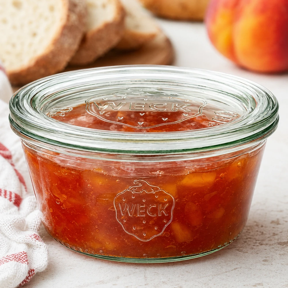 290 ml lavt glas med glaslåg WECK RR100 WECK-krukke 290 ml RR100 med ferskenmarmelade og glaslåg ved siden af brød og frugt i et hyggeligt køkkenbillede