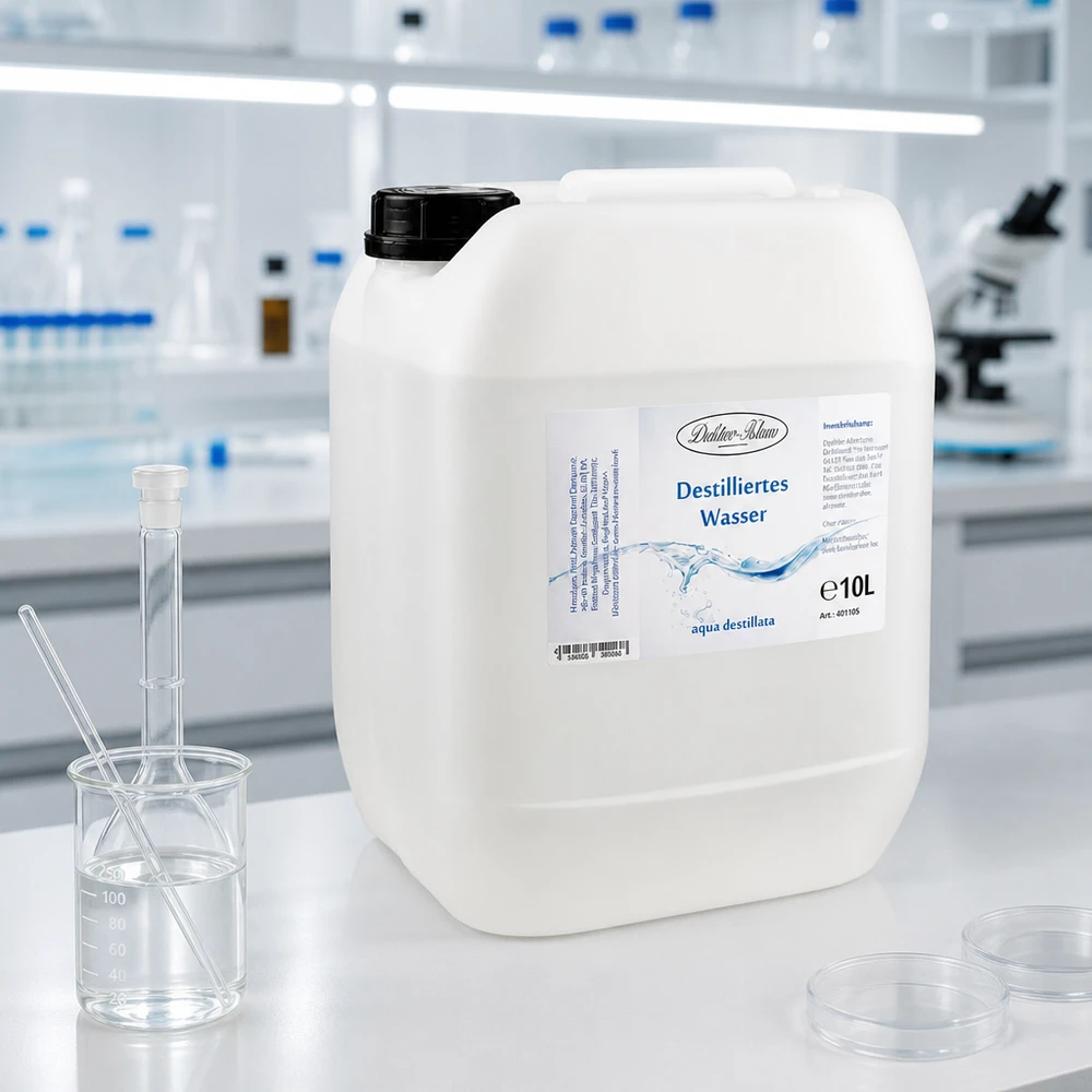 10 liter destilleret vand Doktor-Klaus Destilleret vand Doktor-Klaus 10L i laboratoriemiljø af høj kvalitet med glasvarer og mikroskop
