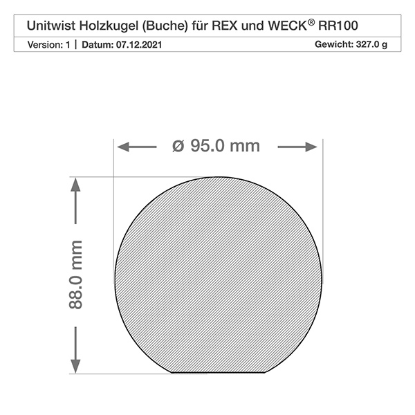1000 ml Briller WECK RR100 med trækugle bøg Teknisk tegning af bøgetræskuglen til WECK RR100-krukke med målene 95 mm i diameter og 88 mm i højden
