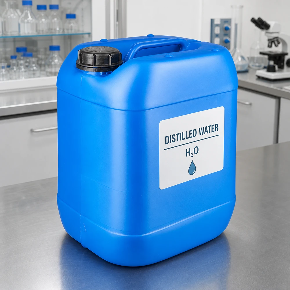 20 liters blå dunk med skruelåg OV Destilleret vand i en blå 20-liters dunk med OV-lukning i laboratoriet