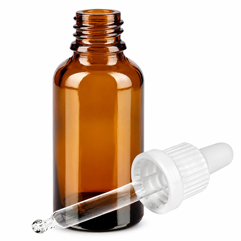 30 ml pipetteflaske hvid OV BrownLine UT18/30 30 ml ravfarvet glasflaske med pipette og dråbehætte til præcis dosering af væsker