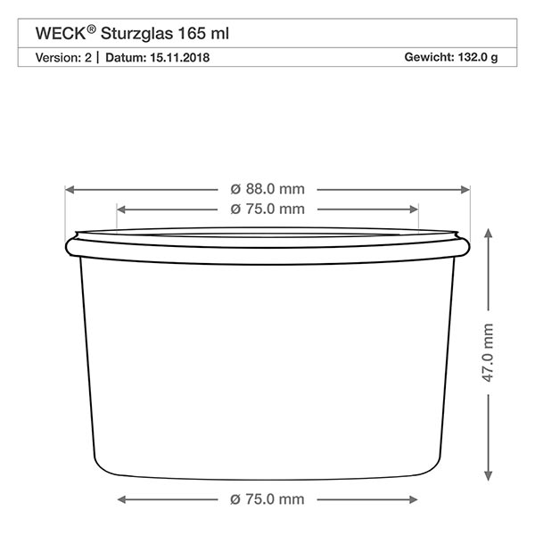 Sæt med 48 Weck-krukker 165 ml Briller med 48 glaslåg Teknisk måltegning WECK 165ml RR80 tumblere med dimensioner diameter 88mm højde 47mm vægt 132g