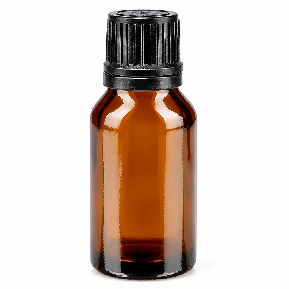 Brun apotekerflaske på 15 ml med sort dråbepropp med en åbning på 1 mm, fremstillet af brunt glas
