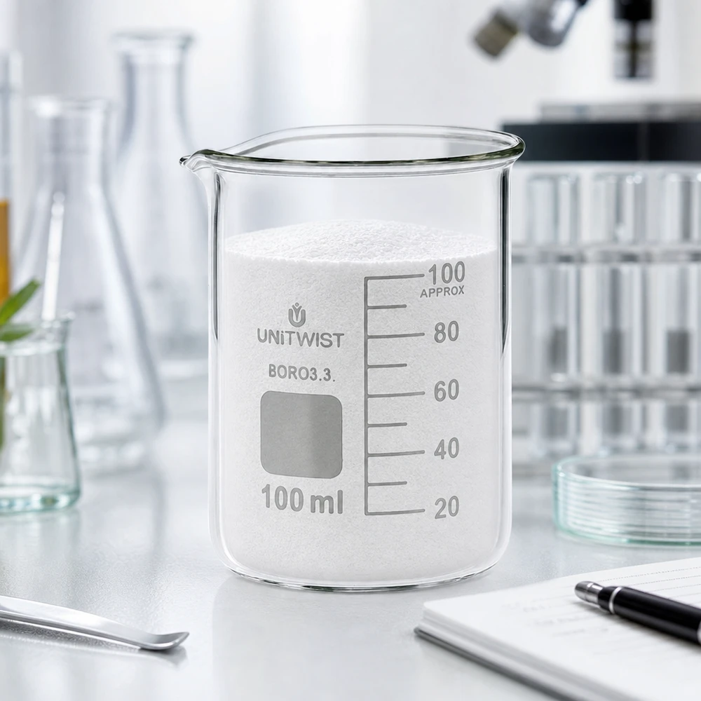 Bæger 100 ml borosilikat, lav form UNiTWIST UNiTWIST-bægerglas på 100 ml fyldt med hvidt pulver på et laboratoriebord