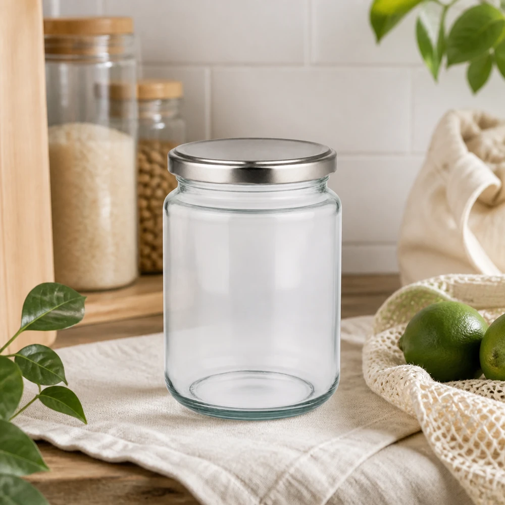 382 ml rund krukke med BasicSeal-låg sølv UNiTWIST 382ml Rundglas mit silbernem Deckel in nachhaltiger Küchenumgebung mit Limetten Jutebeutel Glasvorräte Öko-Lifestyle