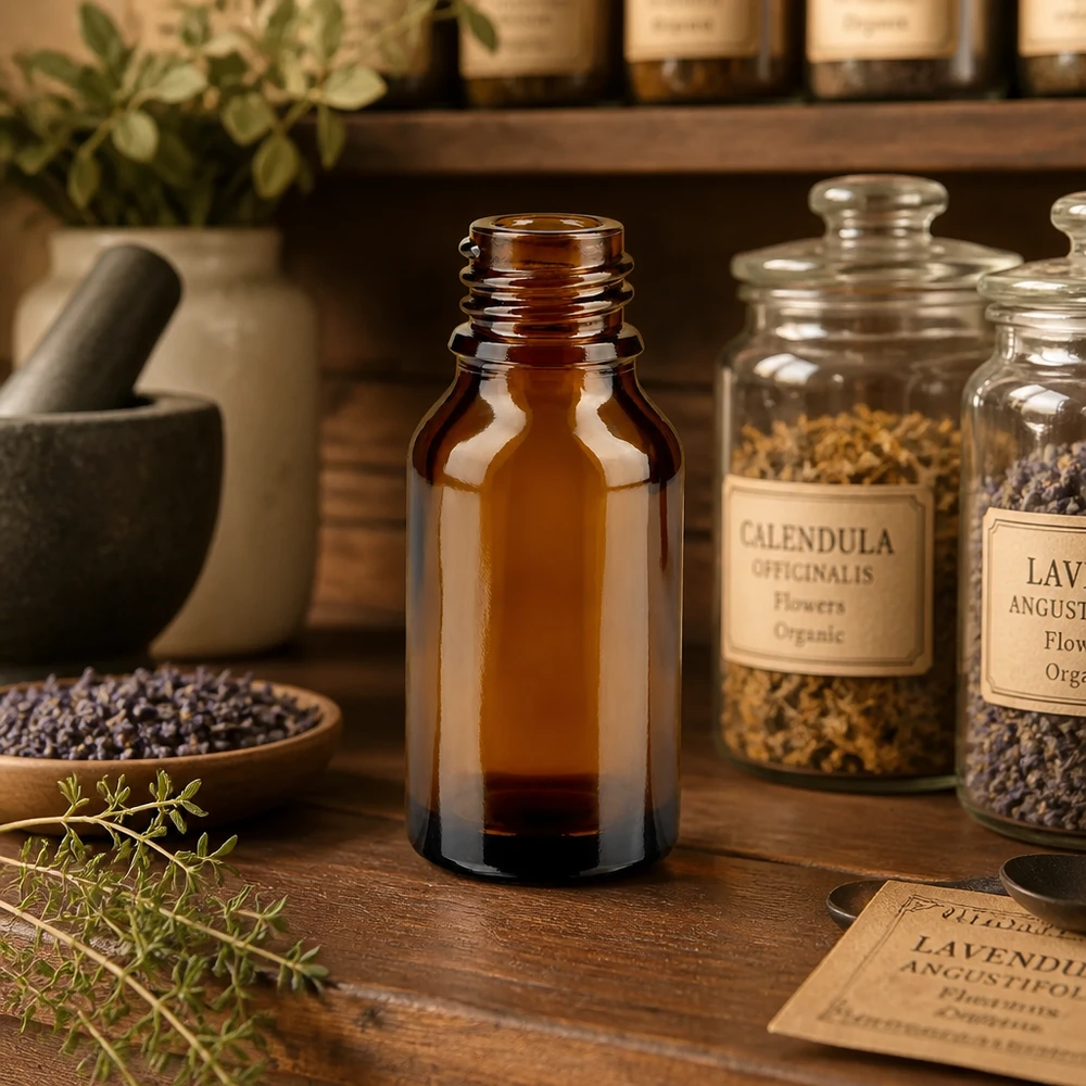 Dropperflaske 15 ml DIN 18 ravfarvet glas 15 ml brun apotekerflaske ApoGlas i autentisk urteapotek med calendula lavendel og krukker med lægeplanter