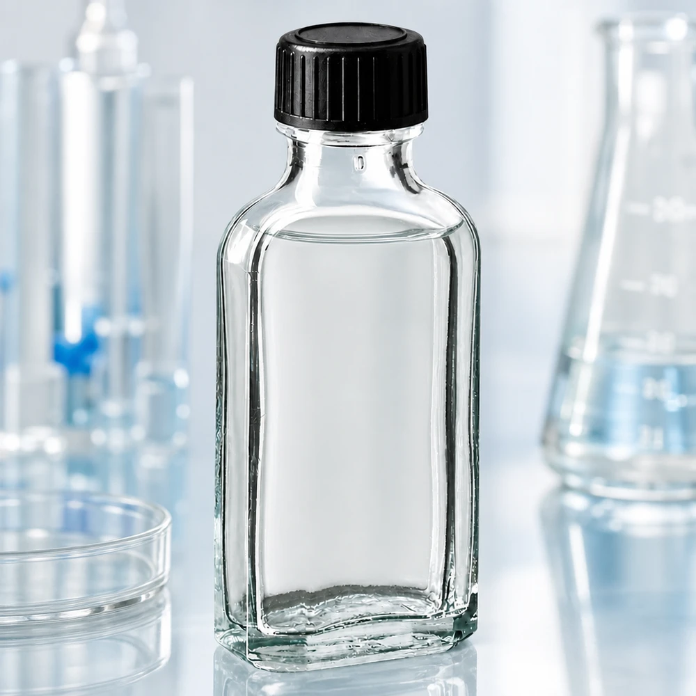 50 ml Meplat klar skruelåg med EPE-forseglingsskive Gennemsigtig 50 ml Meplat-flaske med EPE-tætningsskive og sort låg i laboratoriemiljø