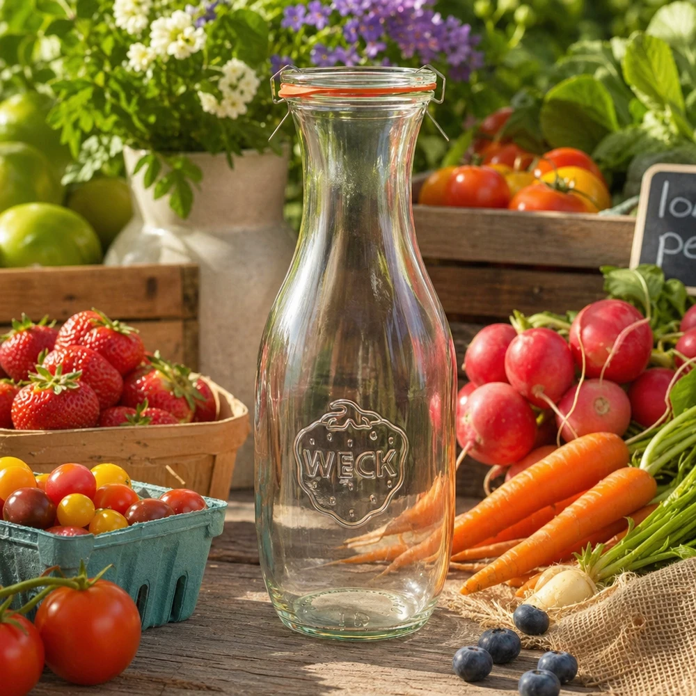 1062 ml saftflaske, komplet WECK RR60 WECK juiceflaske 1062ml RR60 tom mellem friske grøntsager og frugt på træbord Farmers Market-atmosfære naturlig
